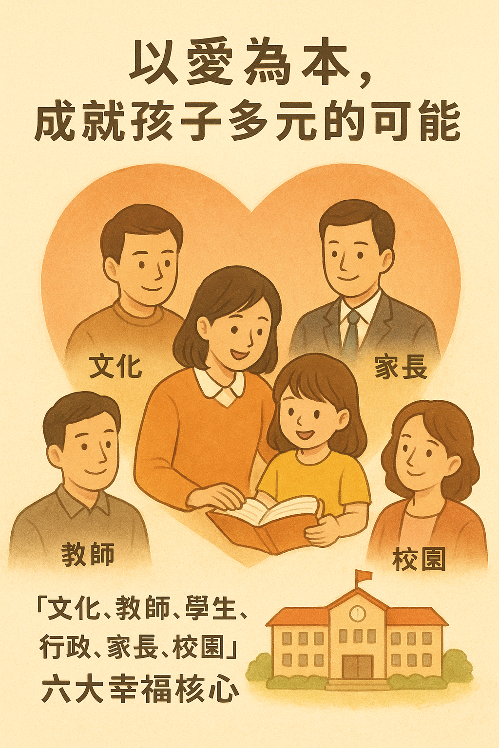 公舘國小六大幸福核心圖示：文化、教師、學生、行政、家長、校園